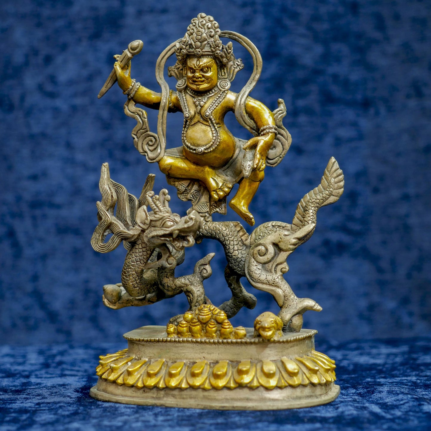 Vintage Chinese Kubera Jambhala Buddha Riding Dragon Statue Sculpture - 8" Tall