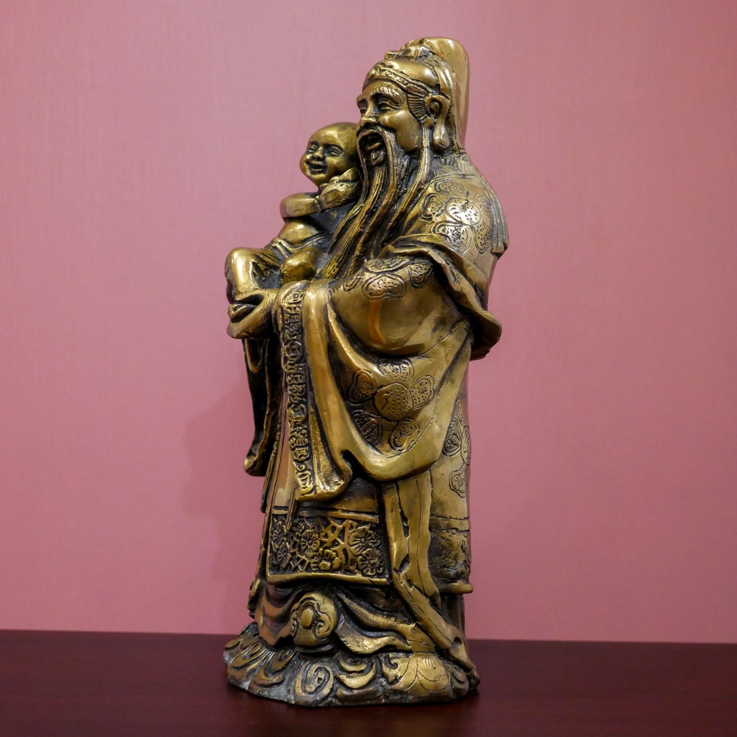 Vintage Feng Shui Fu God Holding Child Blessing Fortune Statue Sculpture  - 12" Tall