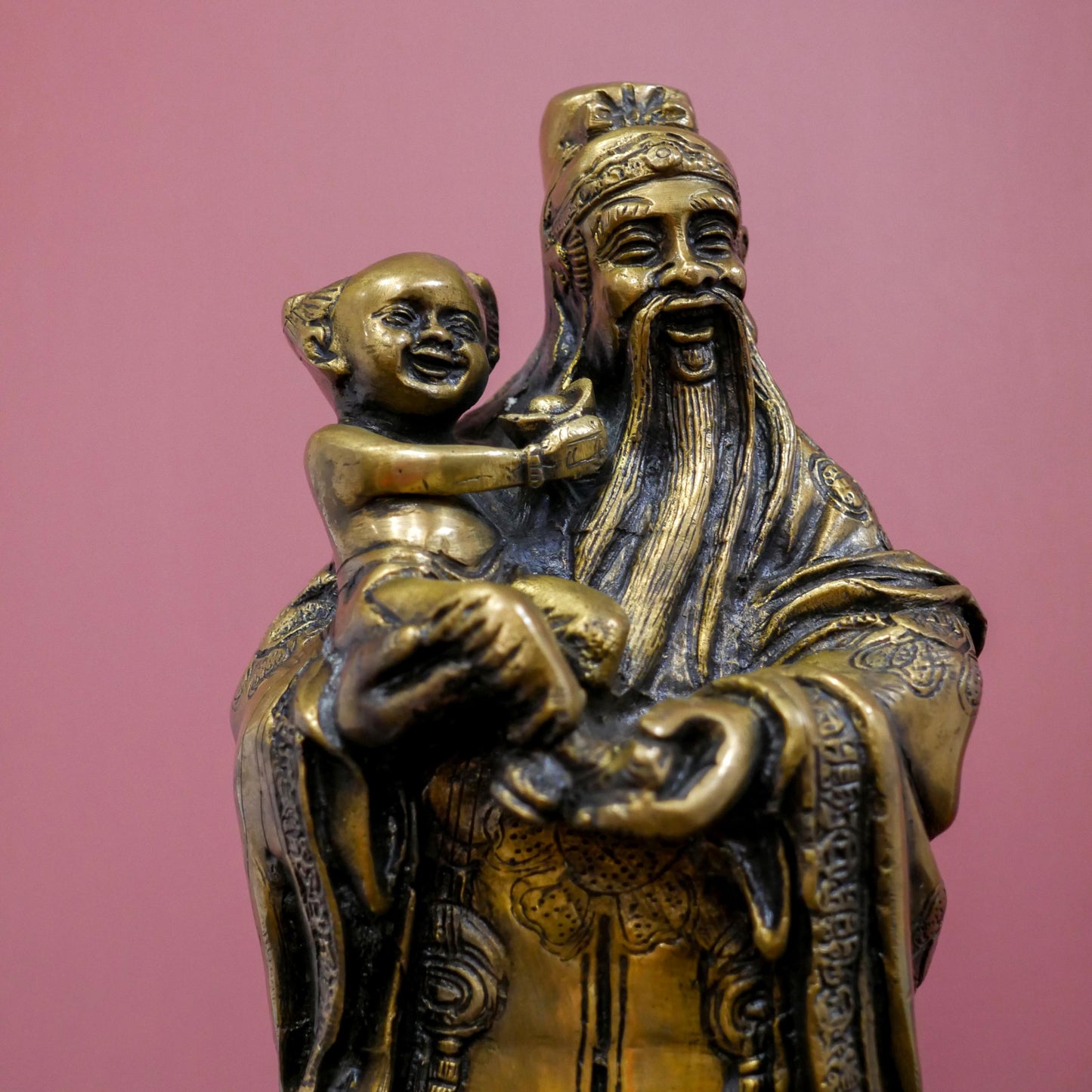 Vintage Feng Shui Fu God Holding Child Blessing Fortune Statue Sculpture  - 12" Tall