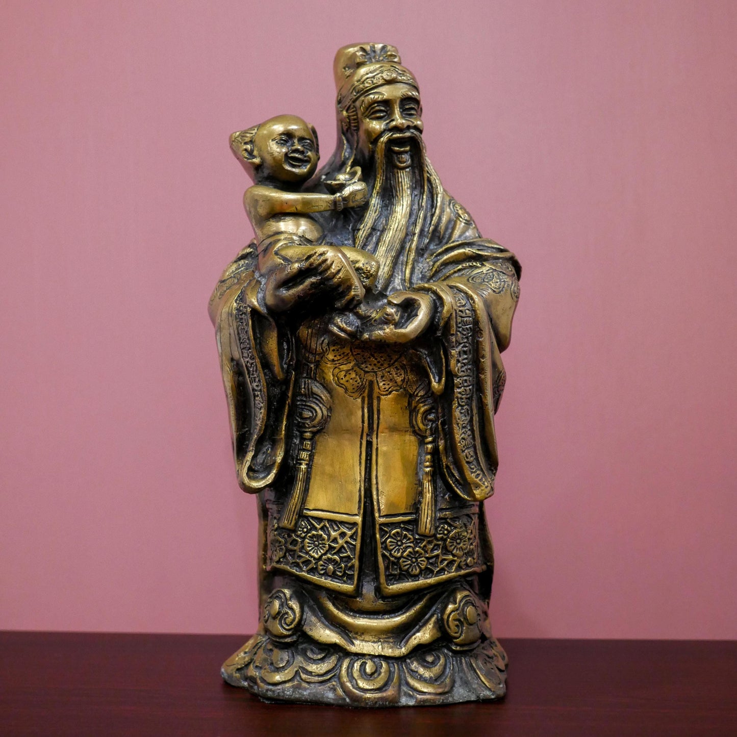 Vintage Feng Shui Fu God Holding Child Blessing Fortune Statue Sculpture  - 12" Tall