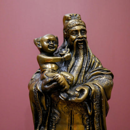 Vintage Feng Shui Fu God Holding Child Blessing Fortune Statue Sculpture  - 12" Tall