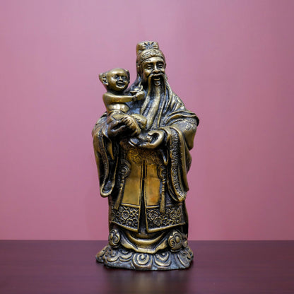 Vintage Feng Shui Fu God Holding Child Blessing Fortune Statue Sculpture  - 12" Tall