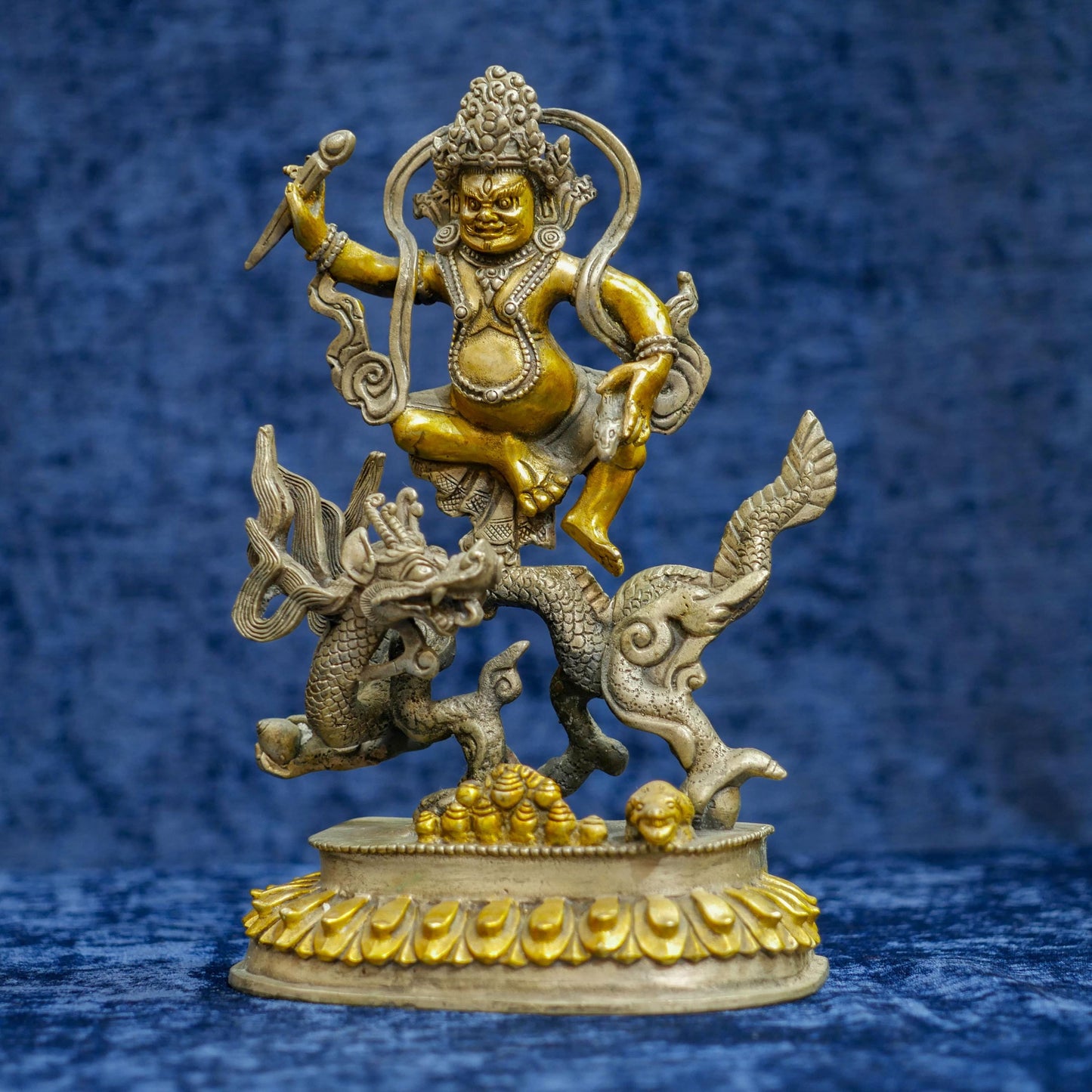 Vintage Chinese Kubera Jambhala Buddha Riding Dragon Statue Sculpture - 8" Tall