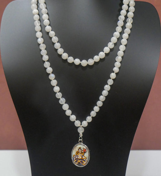 Moonstone Tara Mala Necklace - Tara Amulet with Moonstone Beads  - Handmade Jewelry Gift 35"