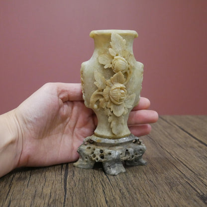 Small Vintage Chinese Soapstone Floral Footed Hand Carved Vase - 6" Tall