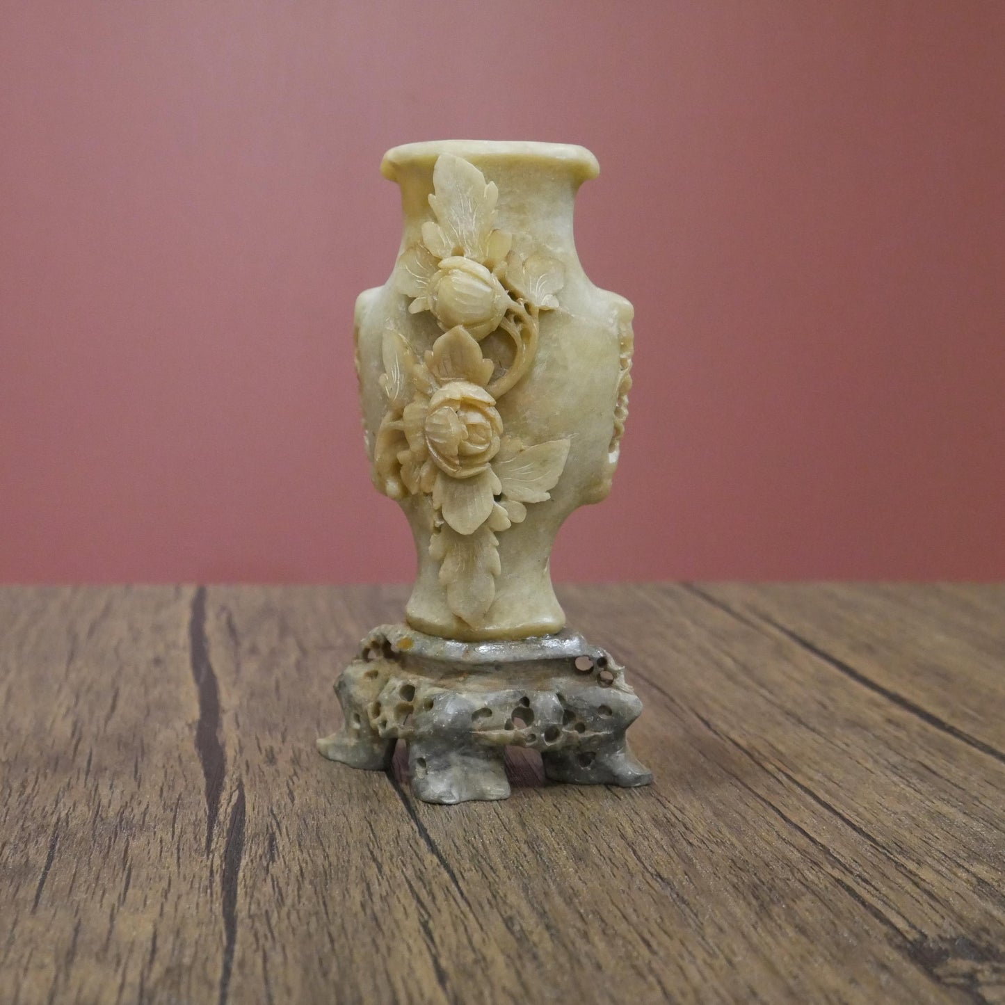 Small Vintage Chinese Soapstone Floral Footed Hand Carved Vase - 6" Tall