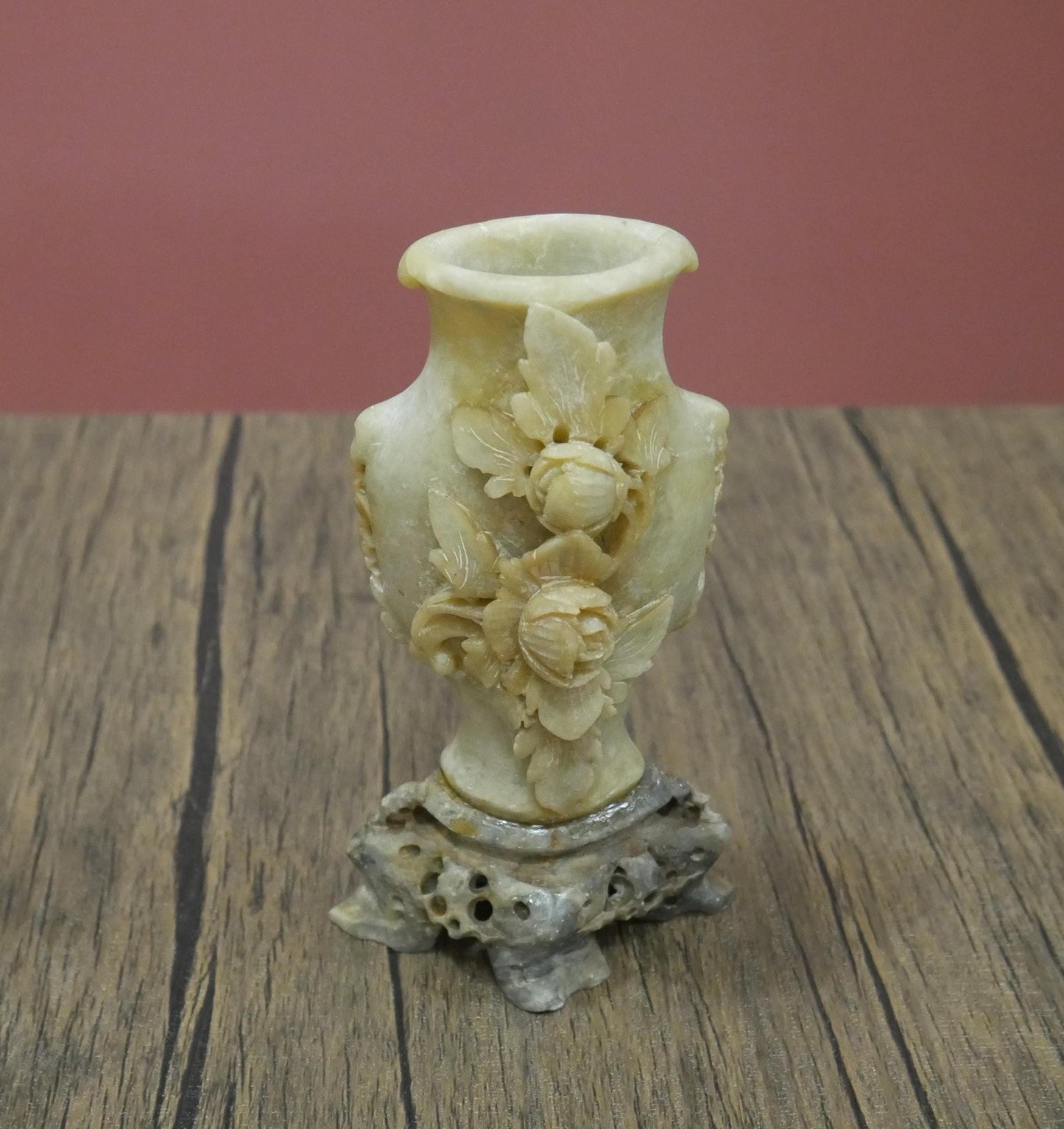 Small Vintage Chinese Soapstone Floral Footed Hand Carved Vase - 6" Tall