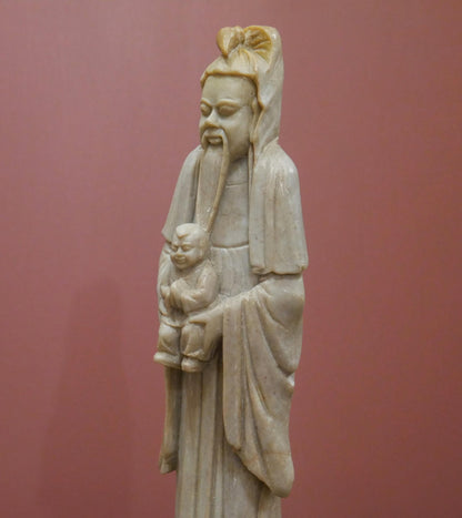 Vintage Chinese Fu God Soapstone Carved Longevity Wise Man Statue - 12.25" Tall