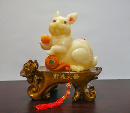 Vintage Chinese Feng Shui Zodiac Rabbit Fortune Blessing Resin Statue - 11" Tall