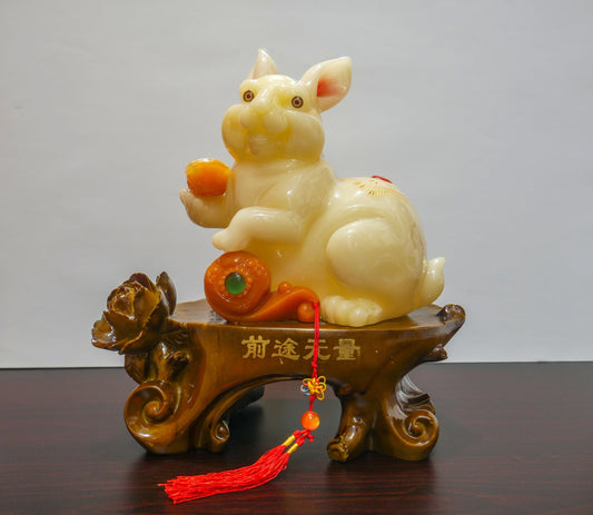 Vintage Chinese Feng Shui Zodiac Rabbit Fortune Blessing Resin Statue - 11" Tall