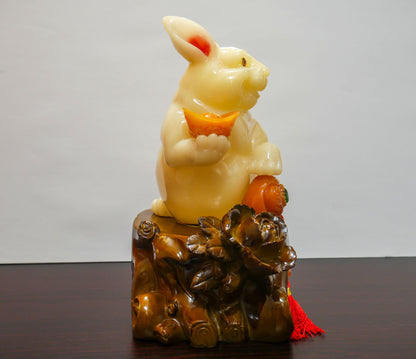 Vintage Chinese Feng Shui Zodiac Rabbit Fortune Blessing Resin Statue - 11" Tall