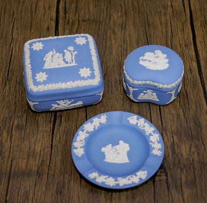 Vintage Wedgewood Blue Jasperware Trinket Lot | Jewelry Boxes and Ashtray