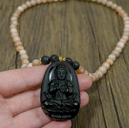 Buddha Necklace | Black Obsidian Pendant Sunstone Beaded Necklace - 21.5" Long