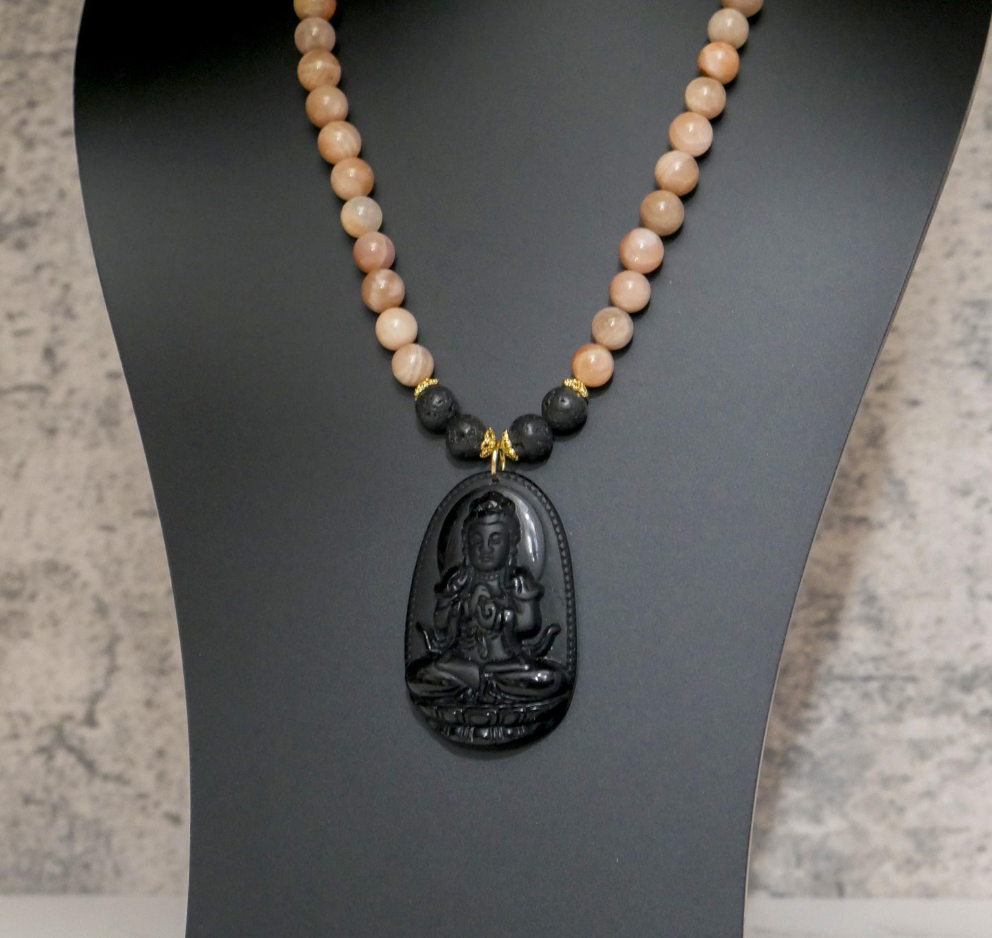 Buddha Necklace | Black Obsidian Pendant Sunstone Beaded Necklace - 21.5" Long