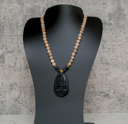 Buddha Necklace | Black Obsidian Pendant Sunstone Beaded Necklace - 21.5" Long