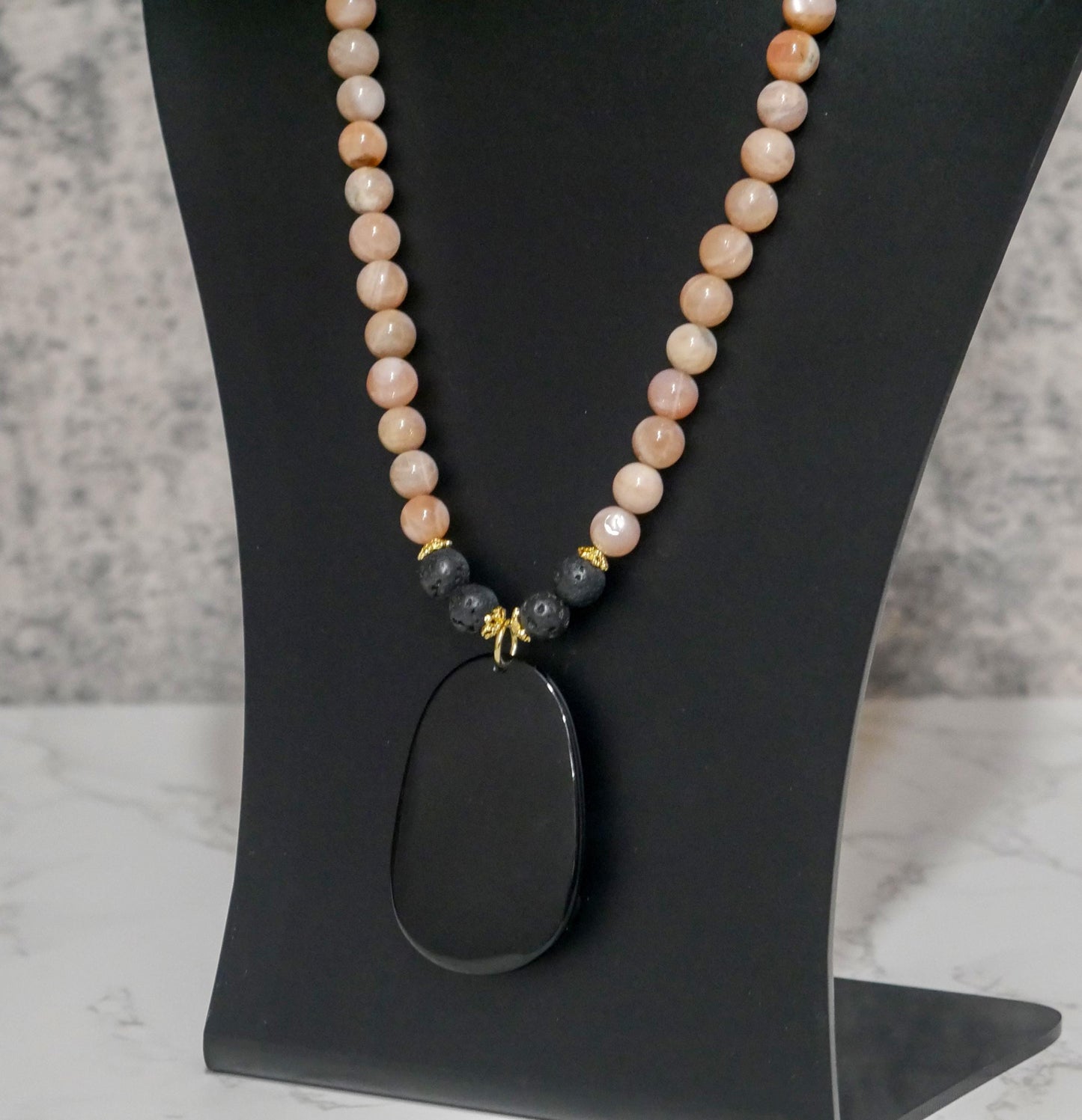 Buddha Necklace | Black Obsidian Pendant Sunstone Beaded Necklace - 21.5" Long