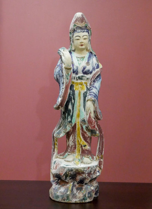 Vintage Chinese Wood Carved Quan Yin Guanyin Polychromed Statue - 25" Tall