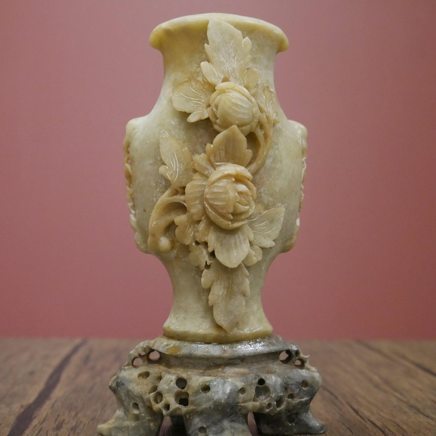 Small Vintage Chinese Soapstone Floral Footed Hand Carved Vase - 6" Tall