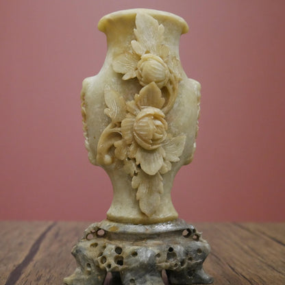 Small Vintage Chinese Soapstone Floral Footed Hand Carved Vase - 6" Tall