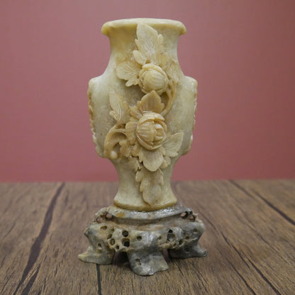 Small Vintage Chinese Soapstone Floral Footed Hand Carved Vase - 6" Tall