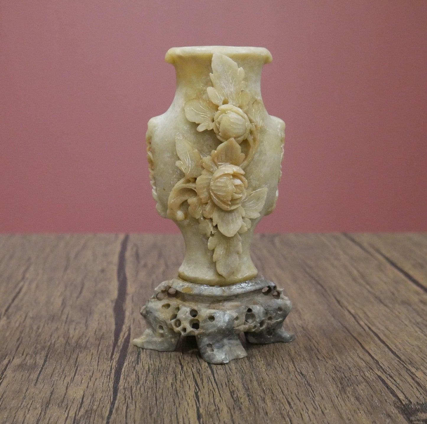 Small Vintage Chinese Soapstone Floral Footed Hand Carved Vase - 6" Tall