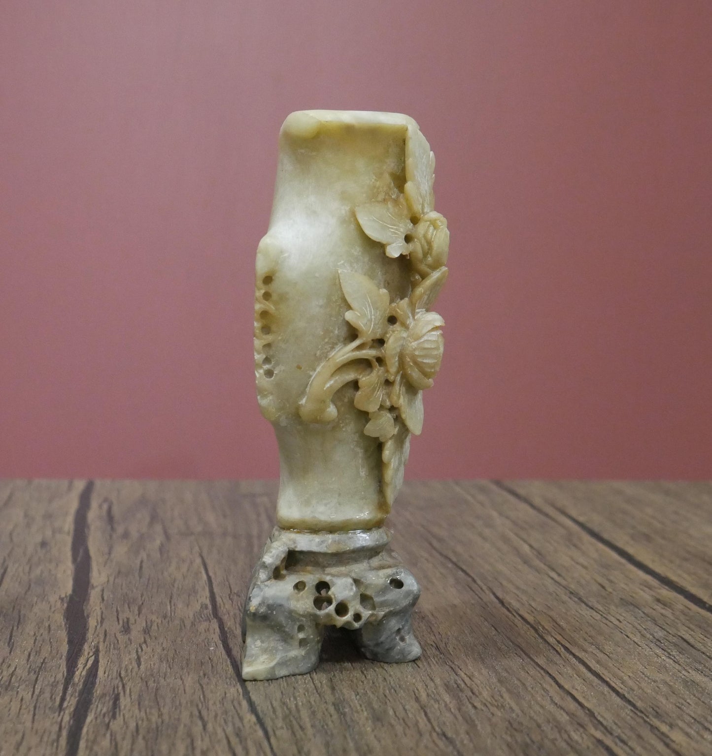 Small Vintage Chinese Soapstone Floral Footed Hand Carved Vase - 6" Tall