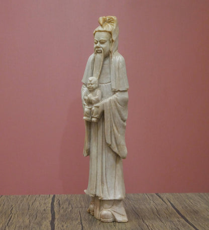 Vintage Chinese Fu God Soapstone Carved Longevity Wise Man Statue - 12.25" Tall