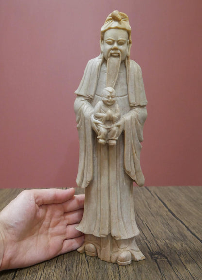 Vintage Chinese Fu God Soapstone Carved Longevity Wise Man Statue - 12.25" Tall