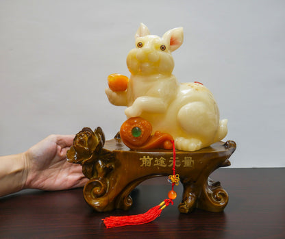 Vintage Chinese Feng Shui Zodiac Rabbit Fortune Blessing Resin Statue - 11" Tall