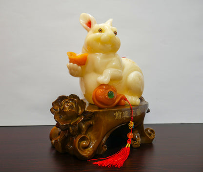 Vintage Chinese Feng Shui Zodiac Rabbit Fortune Blessing Resin Statue - 11" Tall