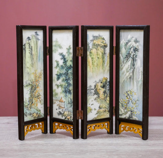 Vintage Scenic Asian 4-Panel Miniature Tabletop Divider Folding Screen