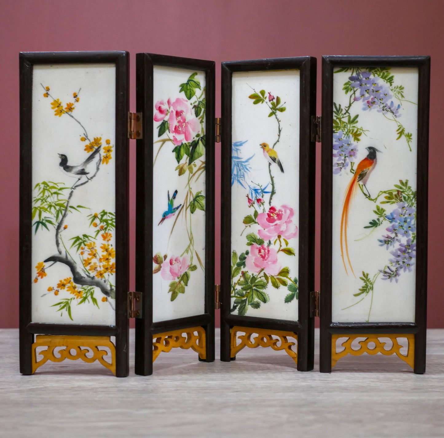 Vintage Scenic Asian 4-Panel Miniature Tabletop Divider Folding Screen