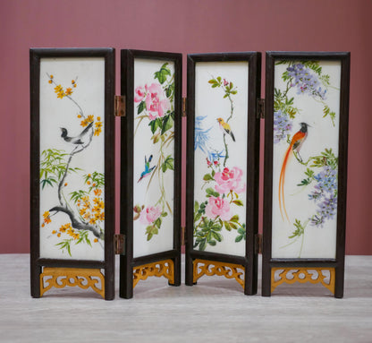 Vintage Scenic Asian 4-Panel Miniature Tabletop Divider Folding Screen