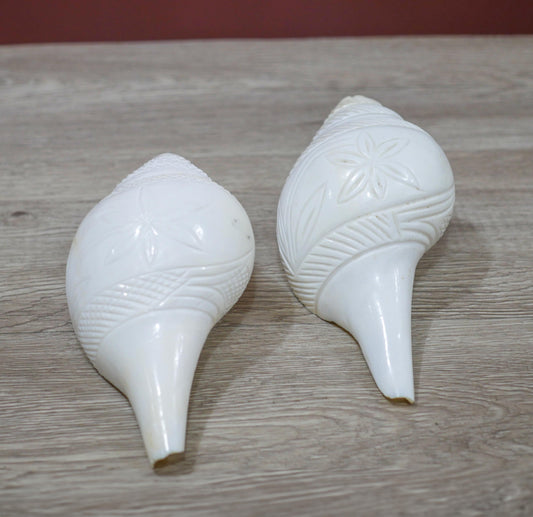 Vintage Large Pair of Blowing Puja Conch Shell Shankh with Carved Decor Design