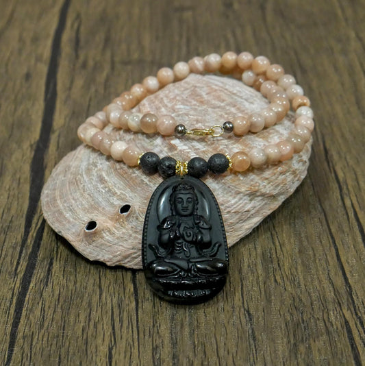 Buddha Necklace | Black Obsidian Pendant Sunstone Beaded Necklace - 21.5" Long