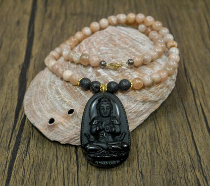 Buddha Necklace | Black Obsidian Pendant Sunstone Beaded Necklace - 21.5" Long