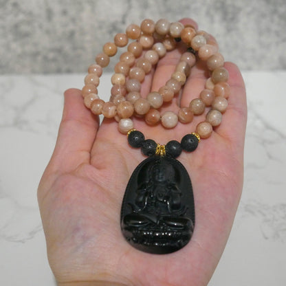 Buddha Necklace | Black Obsidian Pendant Sunstone Beaded Necklace - 21.5" Long