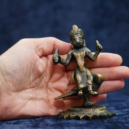 Vintage Brass Hinduism Goddess Lakshmi Maa Seated on Owl Statue - 4" Tall