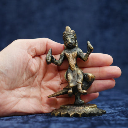 Vintage Brass Hinduism Goddess Lakshmi Maa Seated on Owl Statue - 4" Tall