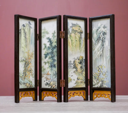 Vintage Scenic Asian 4-Panel Miniature Tabletop Divider Folding Screen