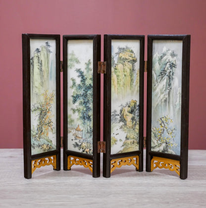 Vintage Scenic Asian 4-Panel Miniature Tabletop Divider Folding Screen