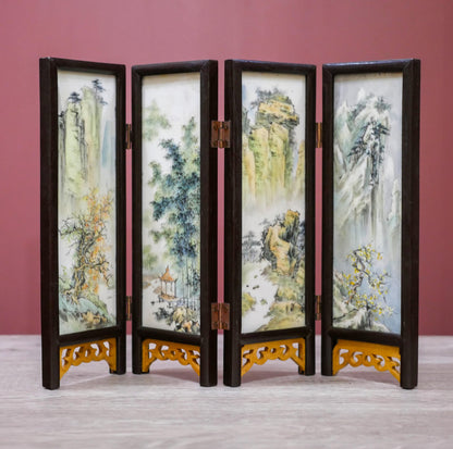 Vintage Scenic Asian 4-Panel Miniature Tabletop Divider Folding Screen