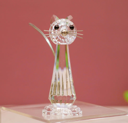 Vintage Original Swarovski Crystal Cat Figurine With Metal Spring Tail - 3"