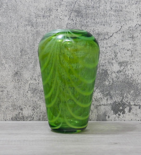 Vintage Murano Glass Bright Green Tall Hand Blown Yellow Swirls Vase - 9.25" Tall