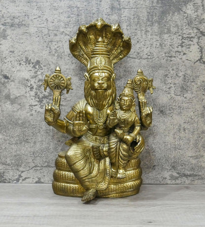 Vintage Brass Large Lord Narasimha Goddess Lakshmi Handmade Statue - 25 Lbs.