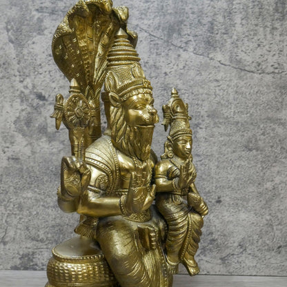 Vintage Brass Large Lord Narasimha Goddess Lakshmi Handmade Statue - 25 Lbs.