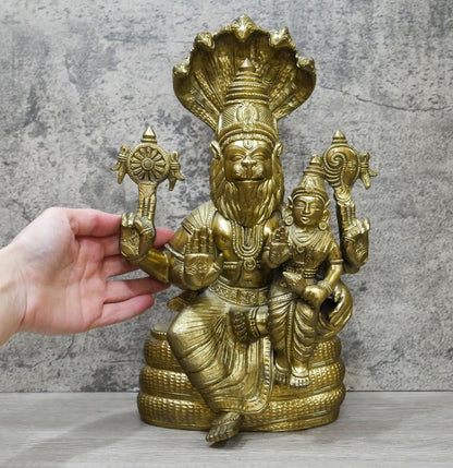 Vintage Brass Large Lord Narasimha Goddess Lakshmi Handmade Statue - 25 Lbs.