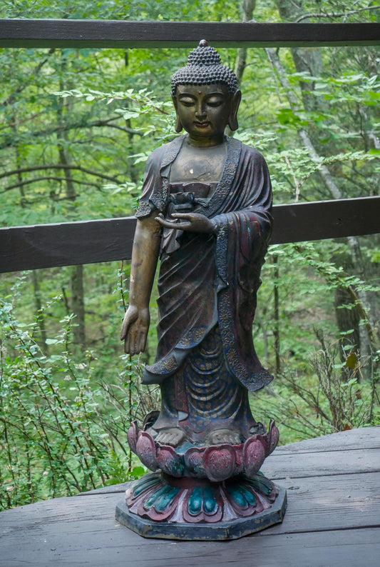 36” Vintage Standing Medicine Buddha Hand-painted Metal Garden Statue Sculpture