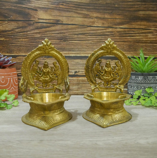 Vintage Pair of Brass Lakshmi Diya Oil Lamps Decorative Mandir Aarti Puja Lamp - 7.5" Tall