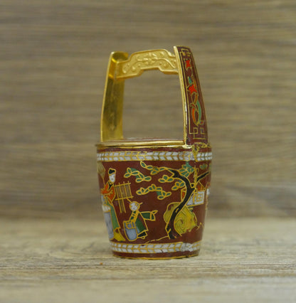 Vintage Miniature Chinese Cloisonne Water Bucket Collectible With Lid - 2.5" Tall